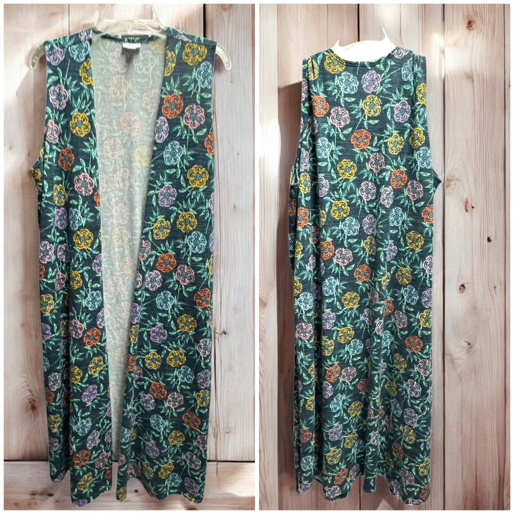 Vintage Multicolor Floral Sleeveless Long Open Cardigan Duster Vest